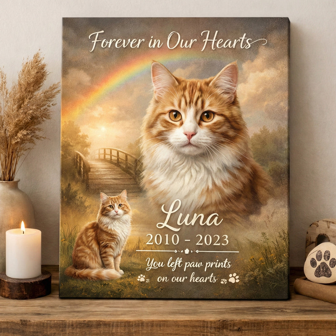 Personalized cat memorial canvas featuring a ginger cat under a rainbow bridge, a heartfelt pet loss gift by Heartly Grow.