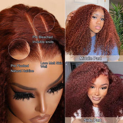 Sunber Reddish Brown Kinky Curly Glueless Wigs Brown Color 7X5 Lace Front Human Hair Wig Invisible Knots Pre Bleached Pre Cut Pre Plucked